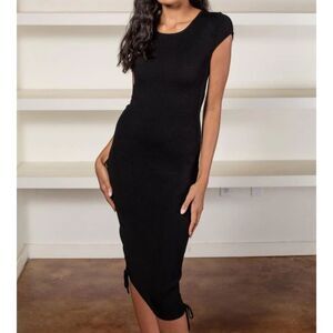 NWT Zinnia Ribbed Adjustable Ruched Side Tie Cap Sleeve Midi Dress, Size S